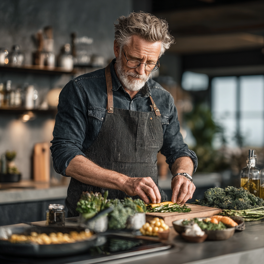 Възрастна двойка готви здравословна храна в кухнята