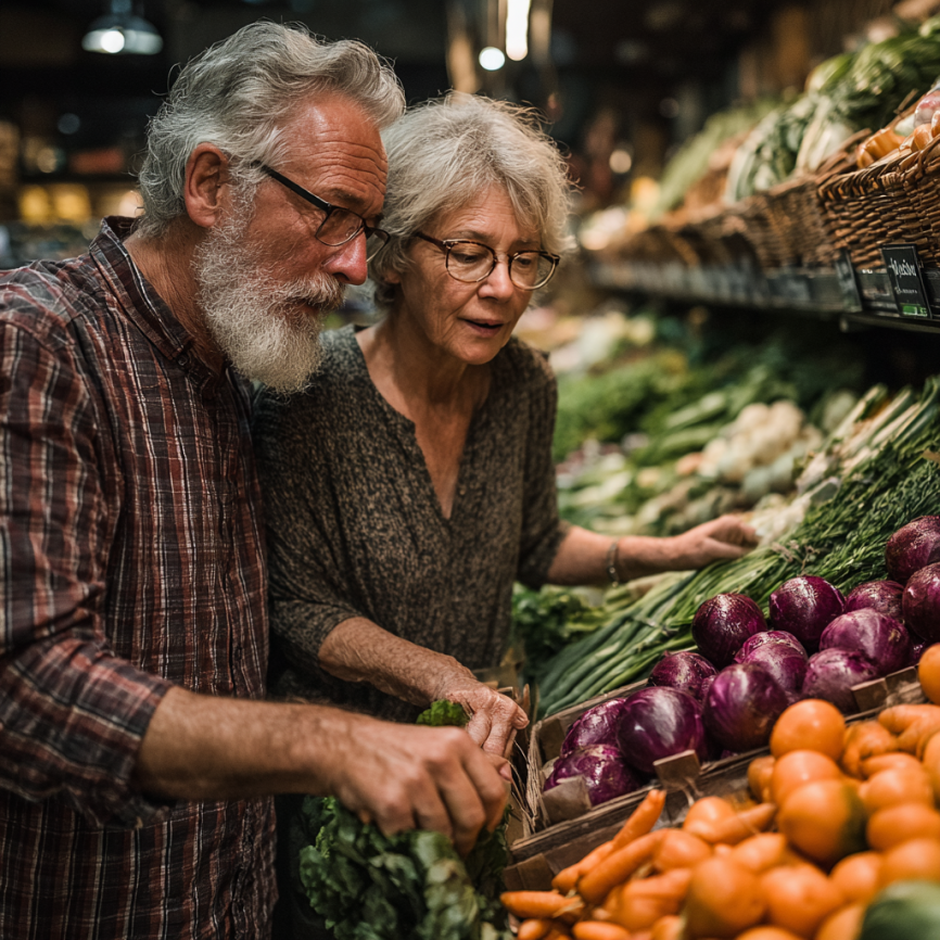 Щастлива възрастна жена в кухня със здравословна храна